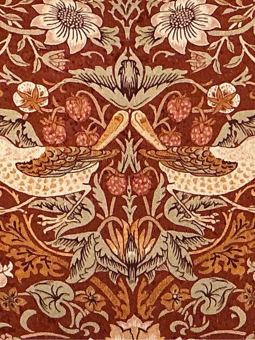 William Morris Bird & Floral Jacquard Pillow in Rust & Cream with Green Fringe